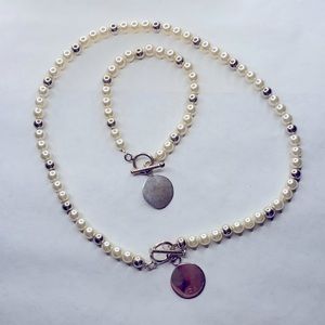 Silver & pearl beaded toggle necklace and bracelet with silver monogram plates
